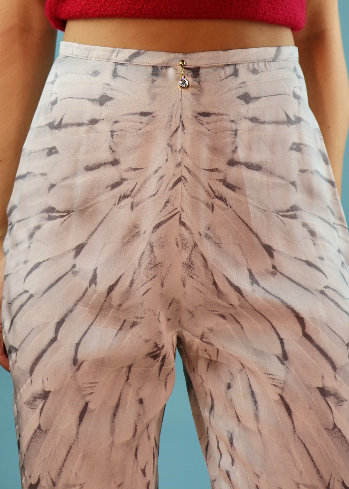 Roberto Cavalli Spring 1999 Feather Print Silk Palazzo Pants