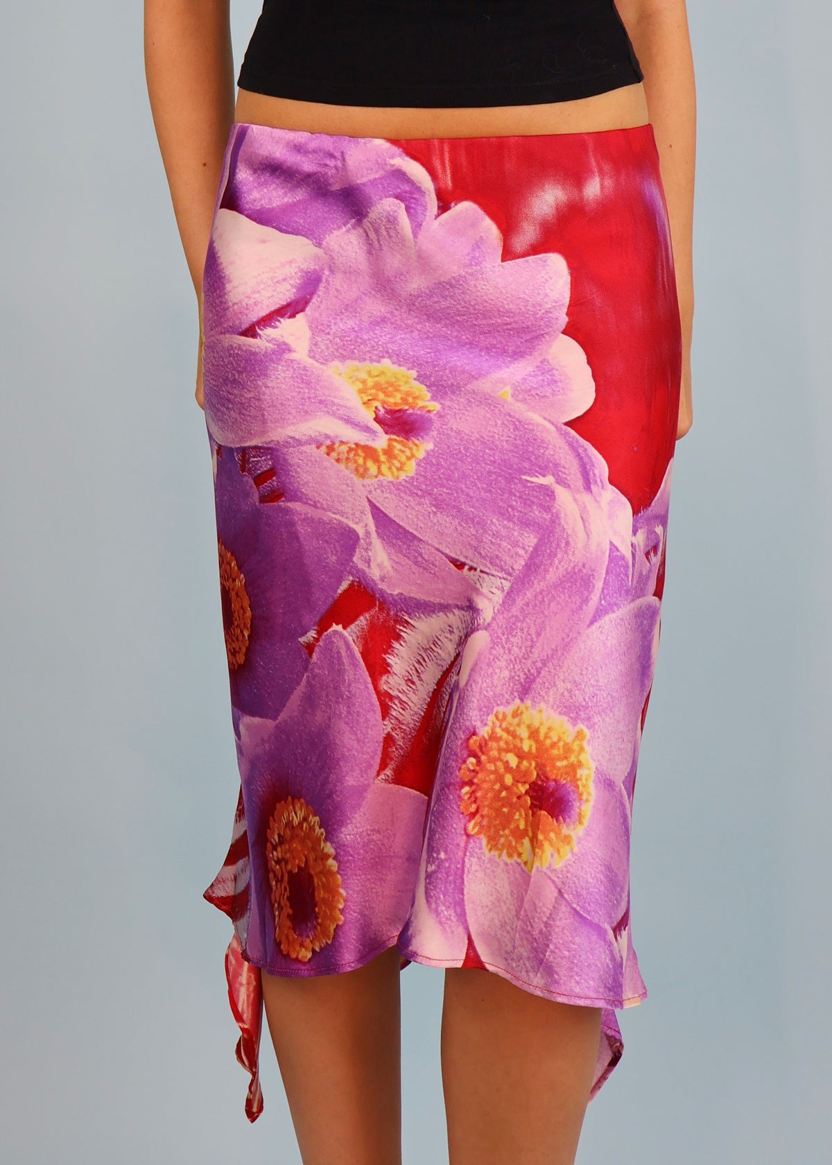 Roberto Cavalli Spring 2000 Red & Purple Floral Asymmetric Silk Skirt