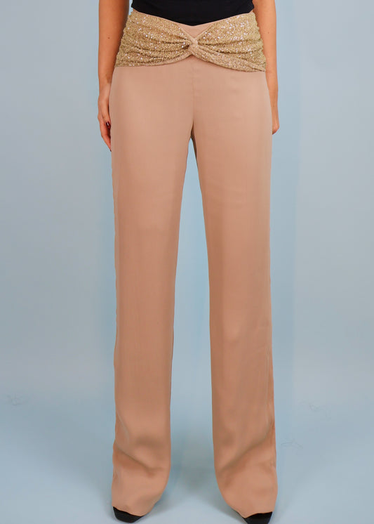 Valentino Embellished Sequin Waistband Beige Pants