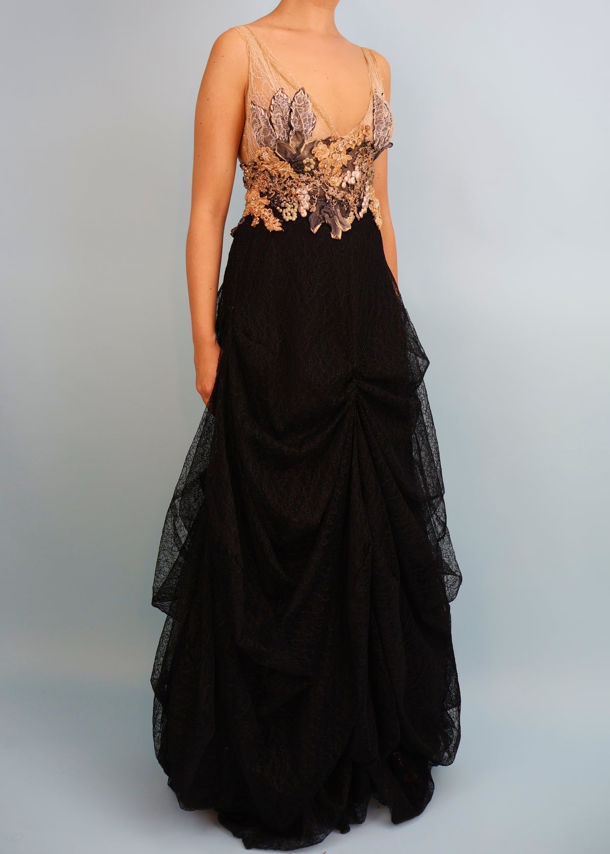 Ema Savahl Couture Hand Painted Floral & Black Lace Gown