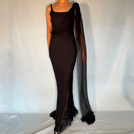 Chanel 2002 Black Draped Silk Chiffon Gown Dress