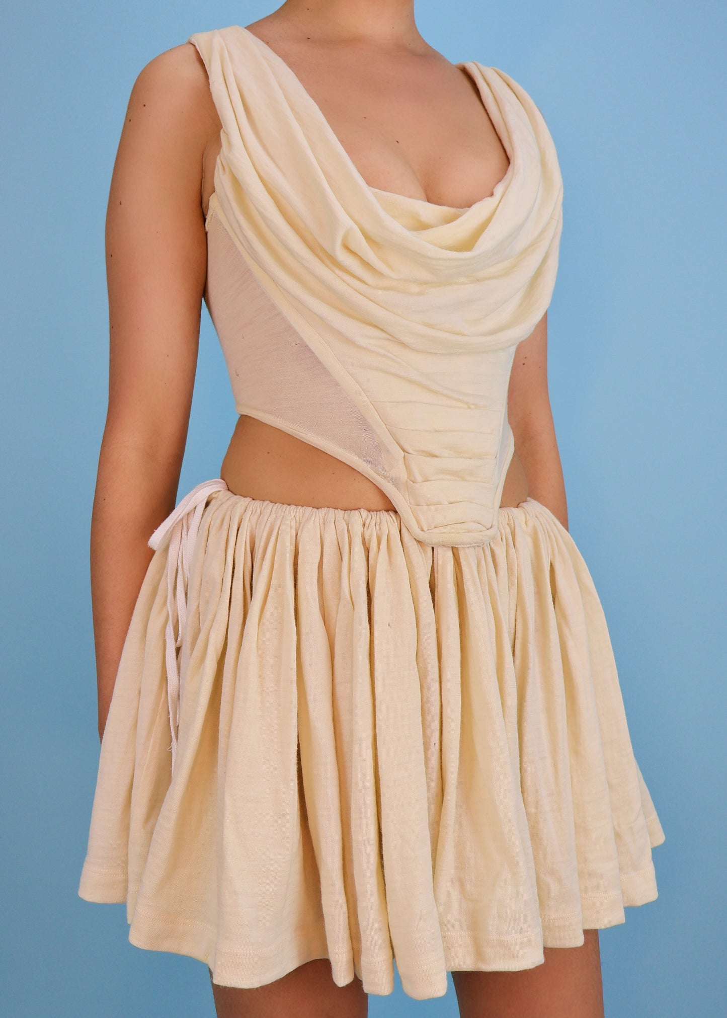 Vivienne Westwood Spring 1988 Runway Cream Draped Corset & Mini Skirt Set