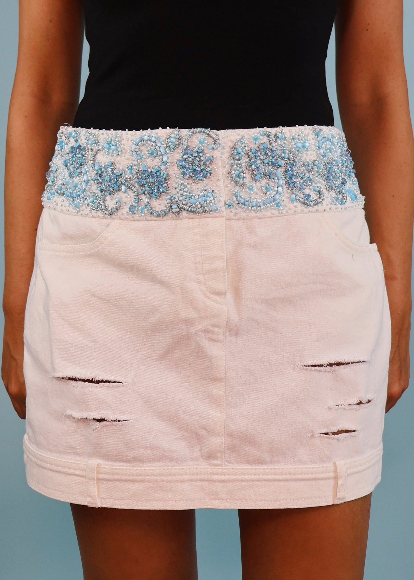 Escada Embellished Beaded Waistband White Denim Skirt
