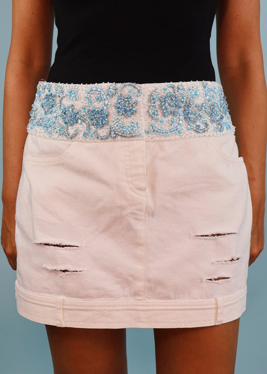 Escada Embellished Beaded Waistband White Denim Skirt