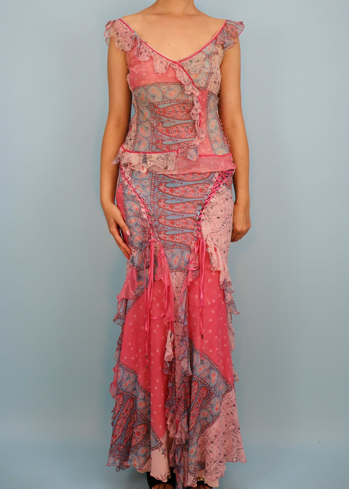 Dior Spring 2004 Silk Chiffon Paisley Print Lace Up Skirt & Top Set