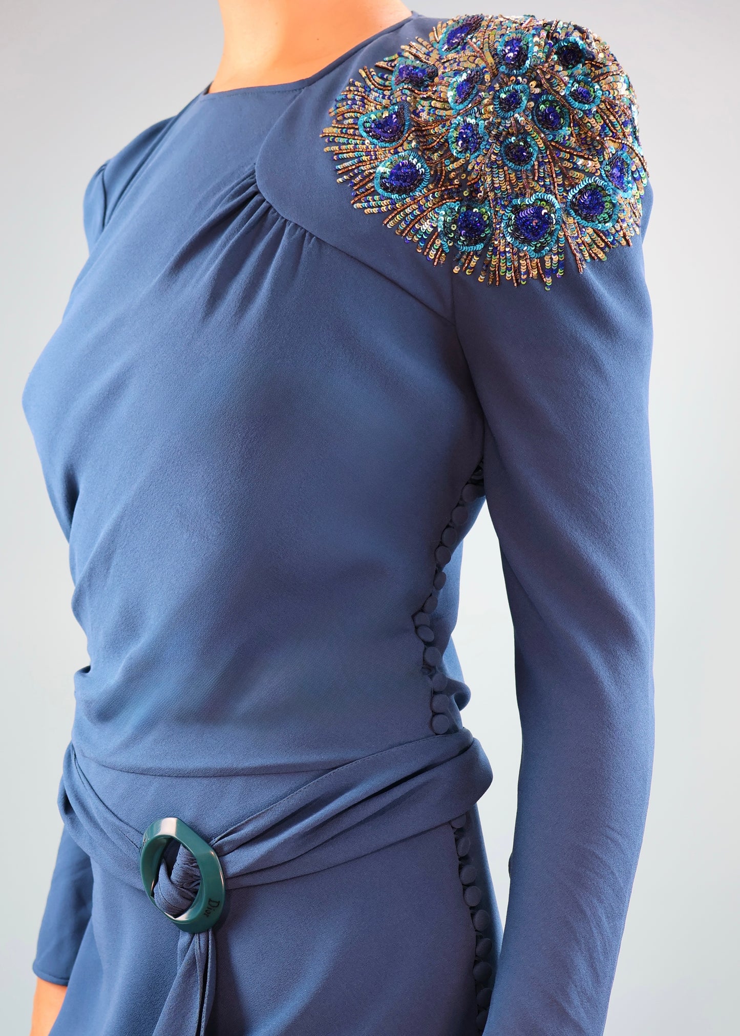 Dior Fall 2005 Teal Blue Silk Chiffon Embellished & Belted Midi Dress