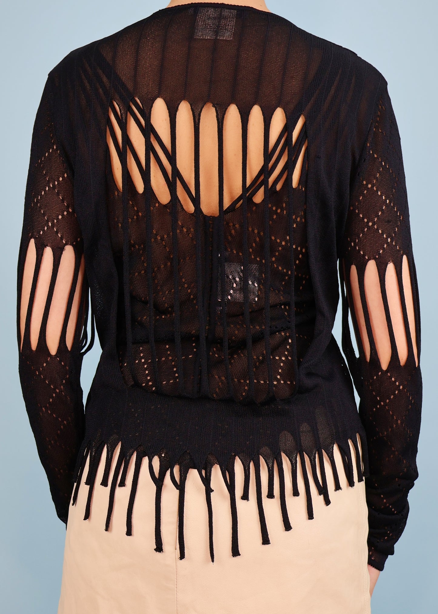 Dior Spring 2001 Black Open Knit Fringe Two Piece Top & Cardigan Set
