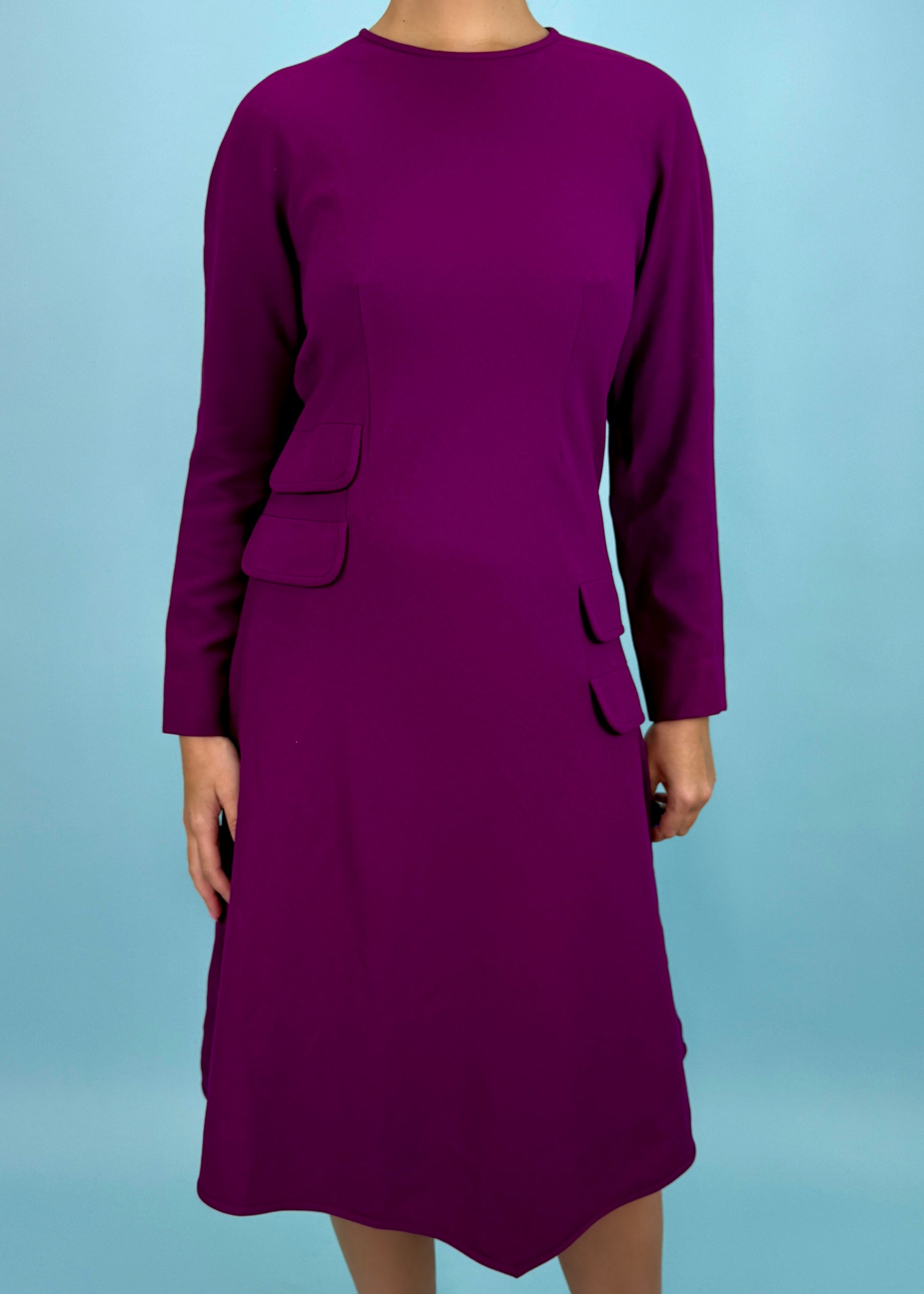 purple fall dress Versace Fall 1993 Purple Asymmetric Hem Dress – Studded Petals Vintage