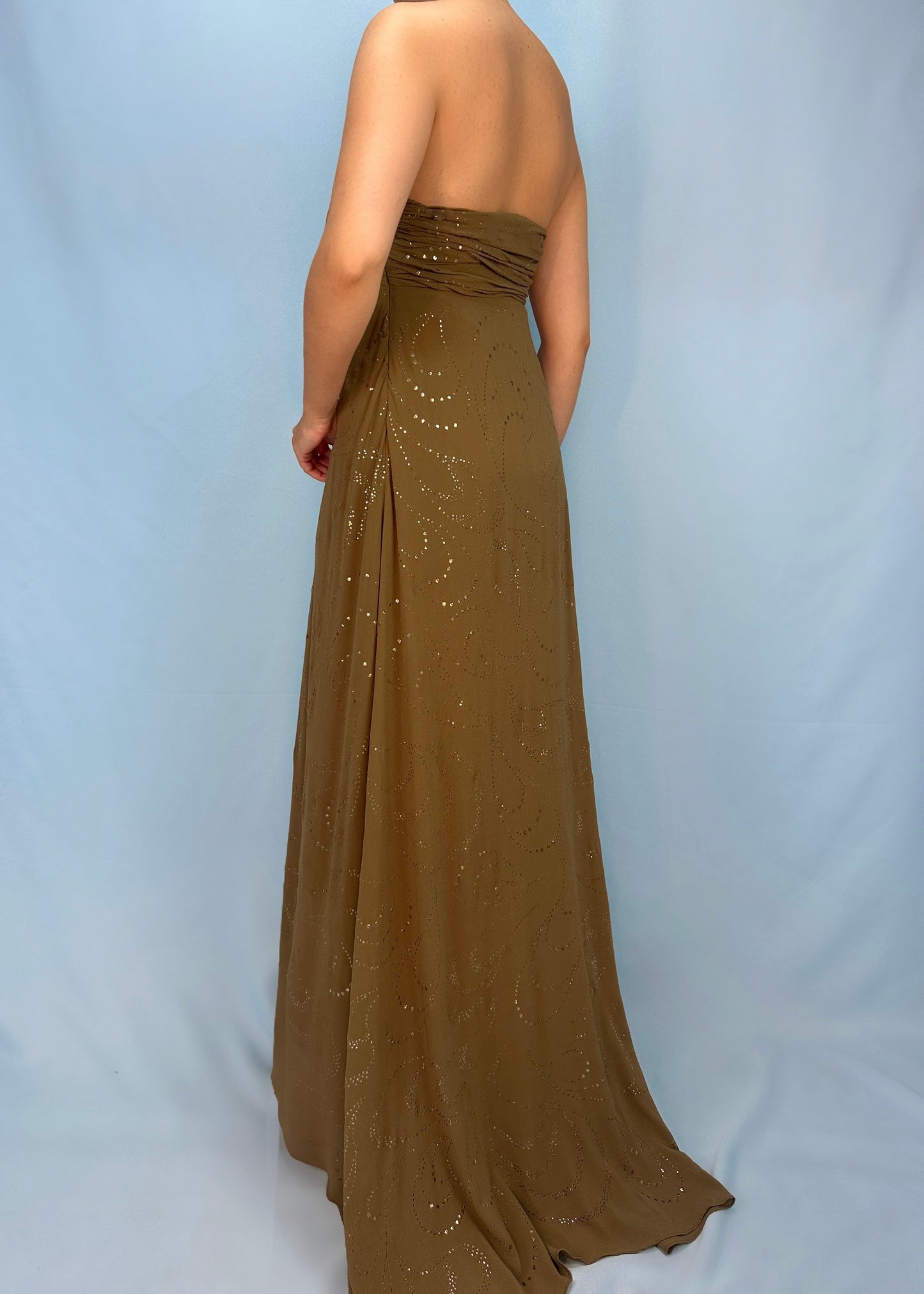 Celine Spring 2003 Runway Khaki Silk Chiffon Embellished Dress