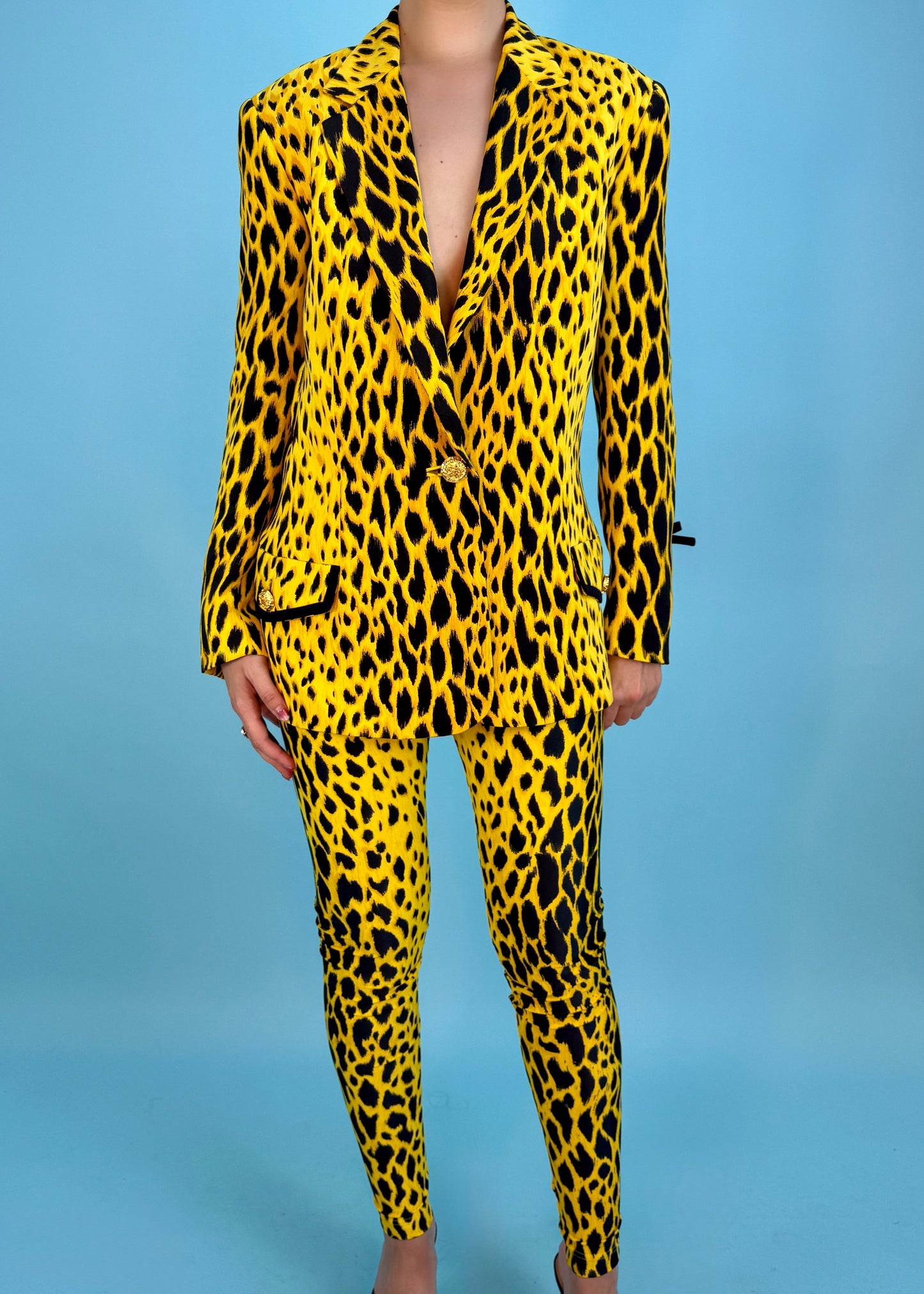 Versace Spring 1992 Runway Yellow Cheetah Print Jacket & Leggings Set