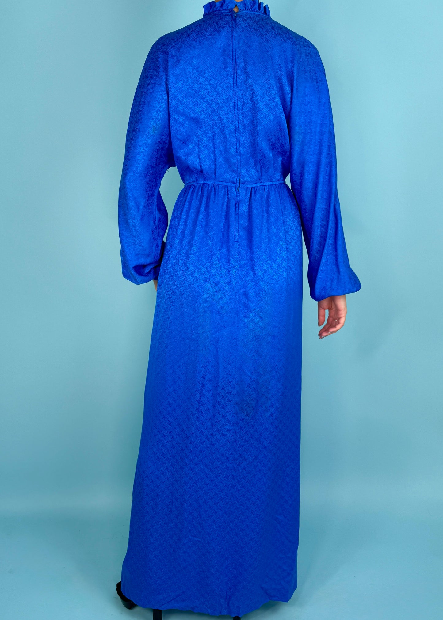 Balenciaga 1980’s Blue Monogram Silk Wide Sleeve Maxi Dress