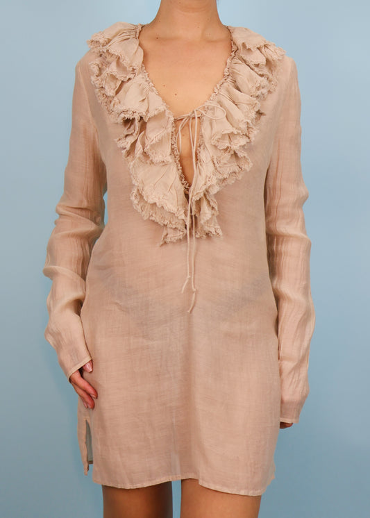 Gucci Spring 2002 Beige Ruffle Neckline Dress