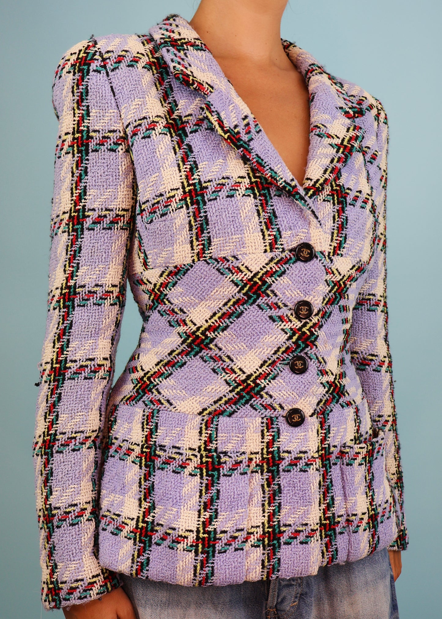Chanel Spring 1995 Runway Lavender Blue Purple Plaid Tweed Jacket