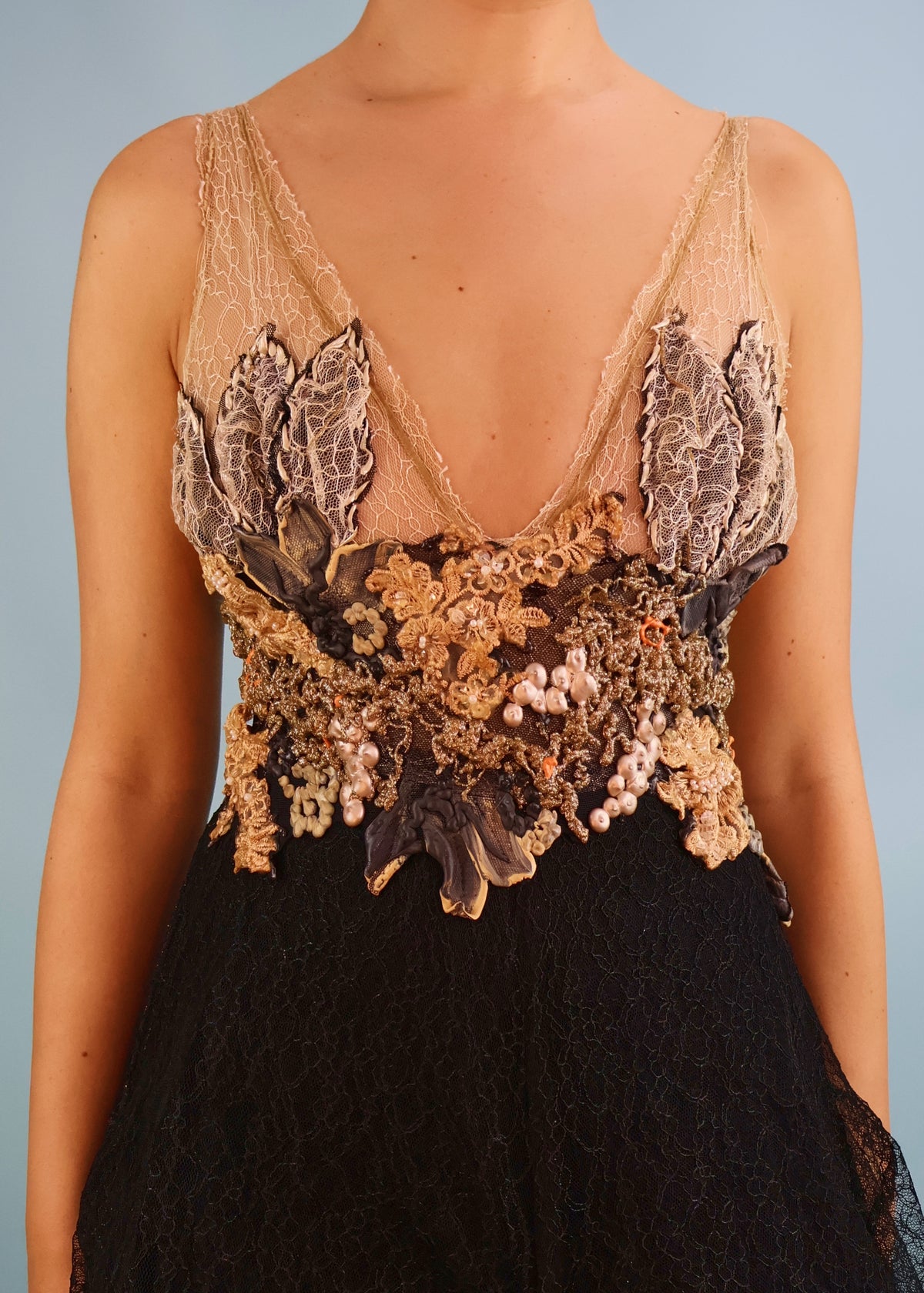 Ema Savahl Couture Hand Painted Floral & Black Lace Gown