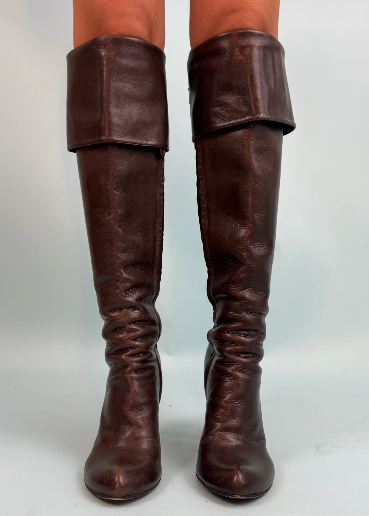 Alexander McQueen Fall 2002 Brown Leather Lace Up Fold Over Heeled Boots
