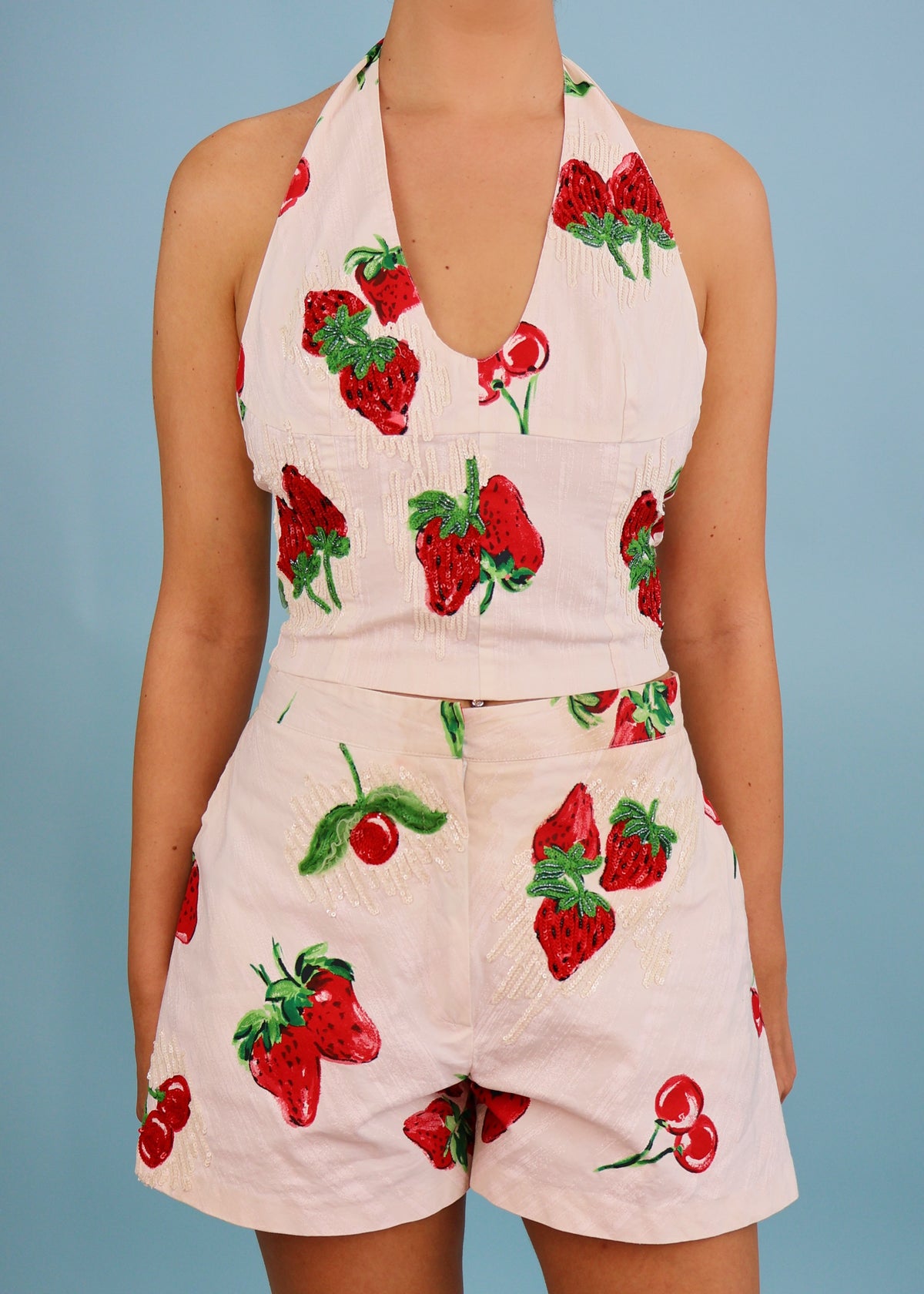 Blumarine Strawberry & Cherry Print Embellished Halter Top & Shorts Set