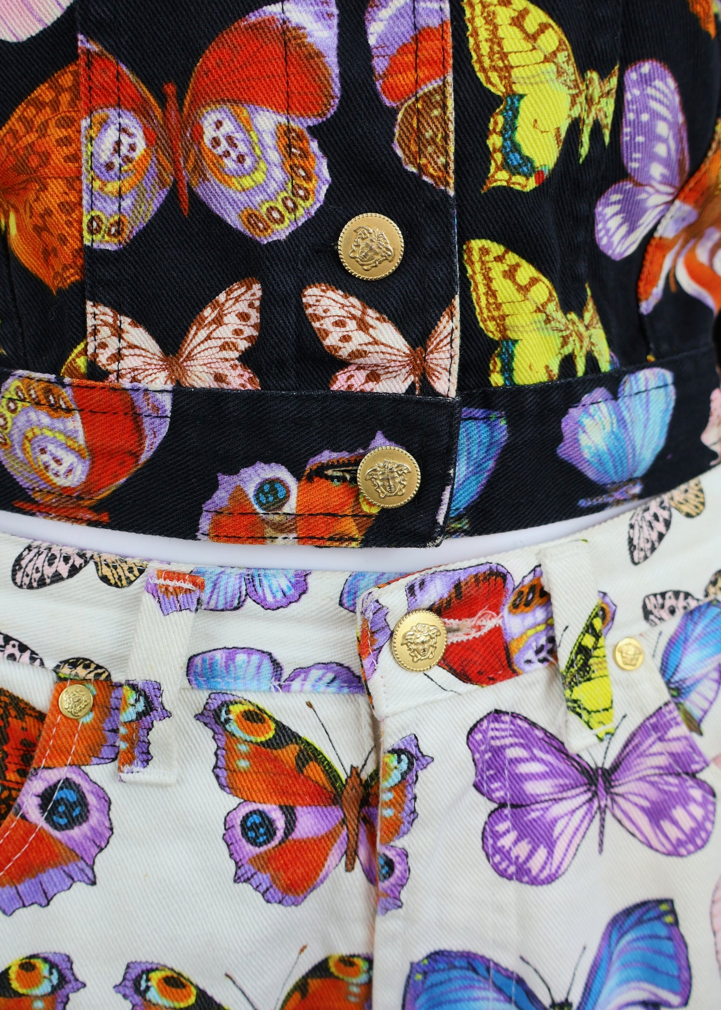 Versace Spring 1995 Butterfly Print Denim Jacket & Jeans Set