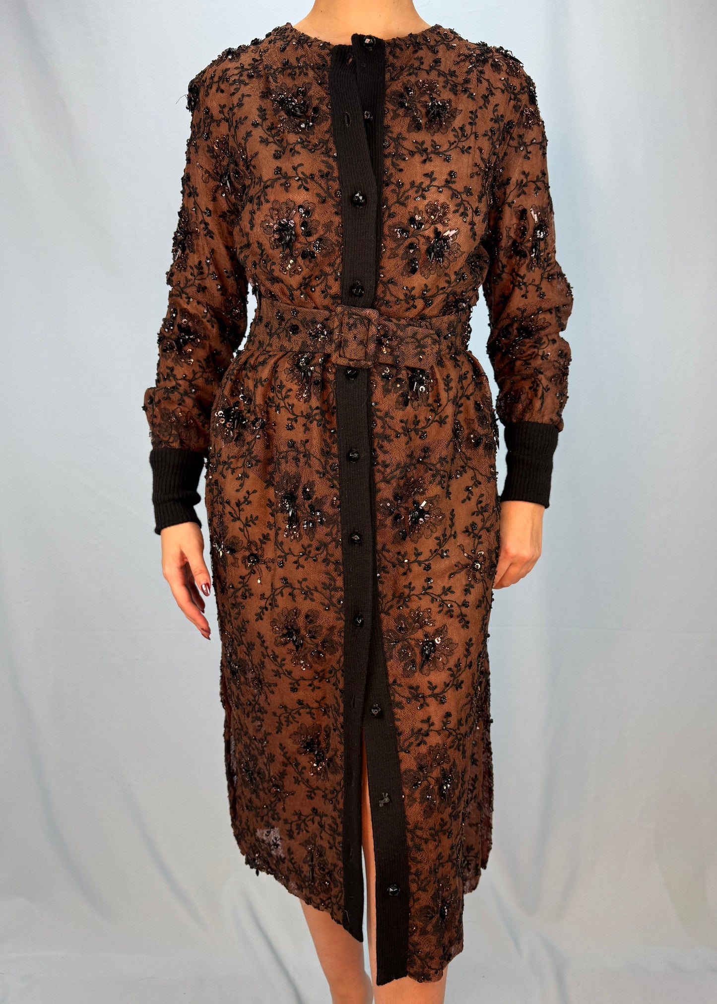 Balmain Brown Embellished Belted Button Down Dress