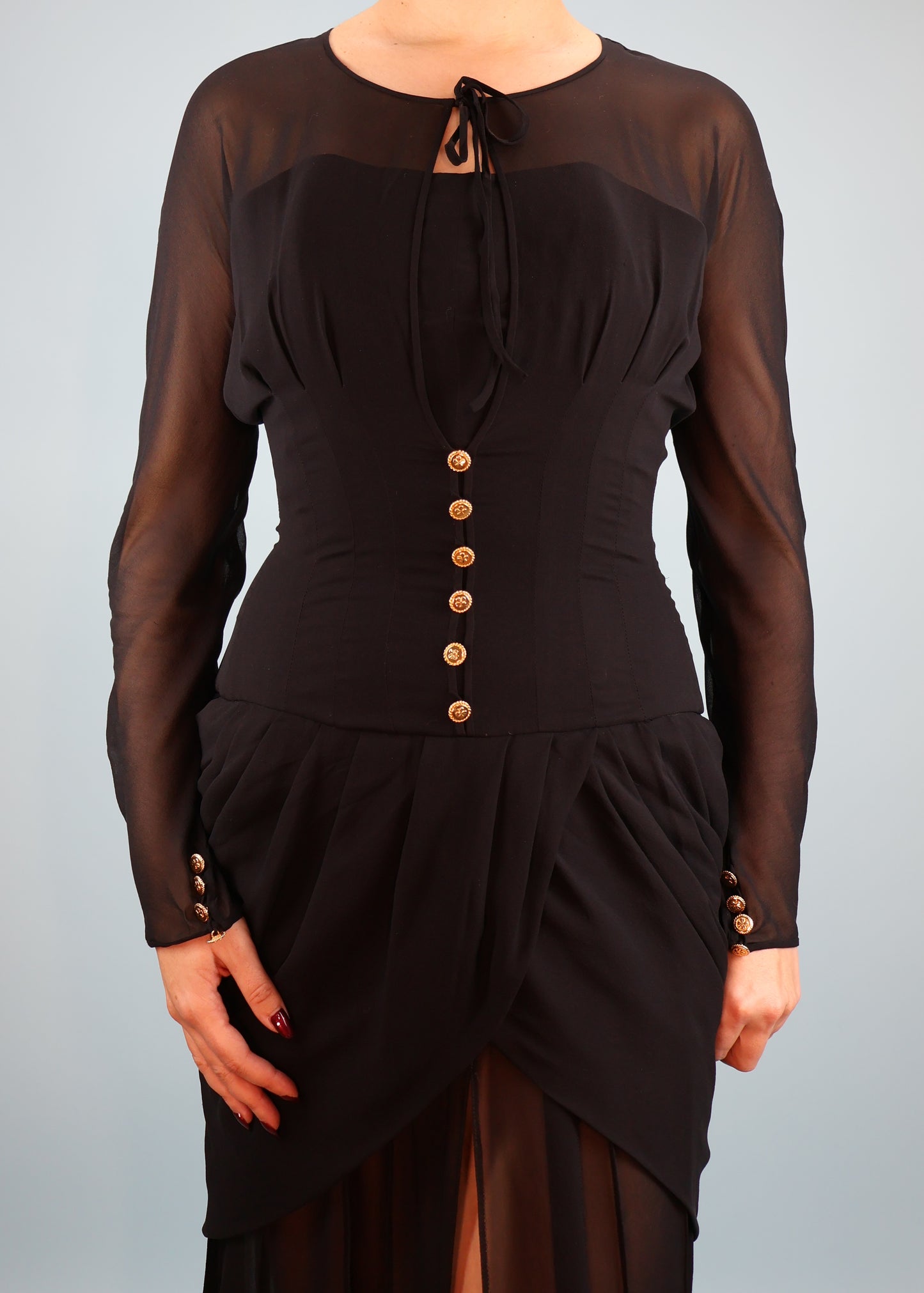 Chanel Fall 1989 Runway Black Silk Chiffon Corseted Draped Gown