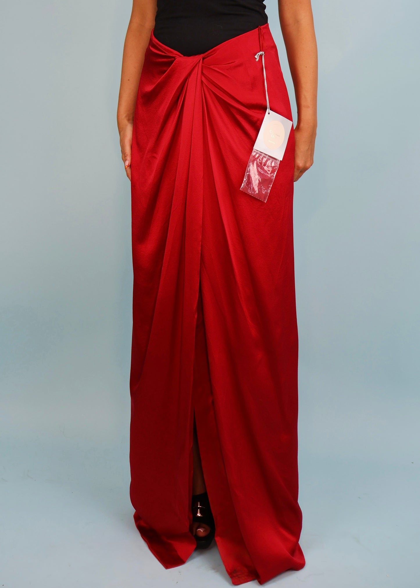 Dior Resort 1994 Red Silk Satin Dipped Waist Draped Maxi Skirt