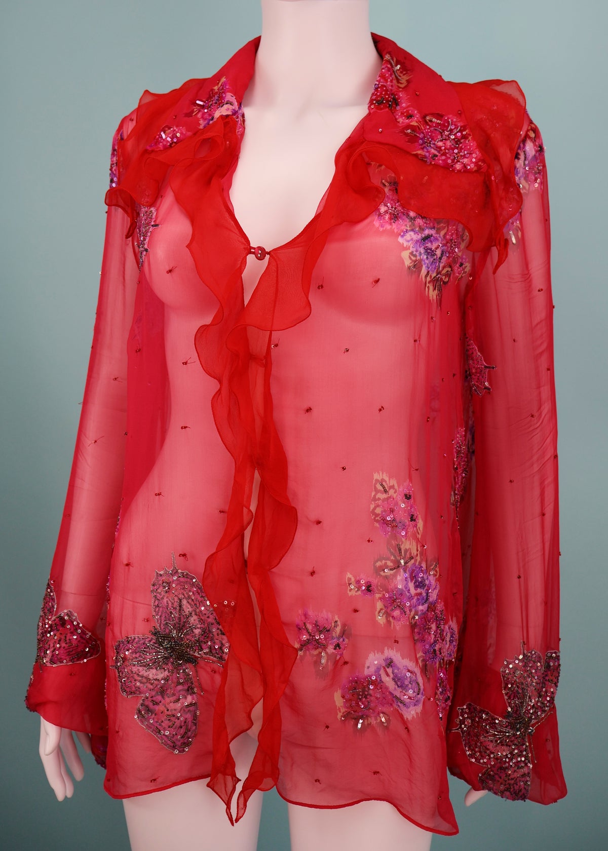 Emanuel Ungaro Pink Embellished Butterfly Silk Chiffon Ruffle Blouse