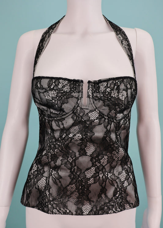 Dior Spring 2004 Runway Grey Satin & Lace Halter Corset Top