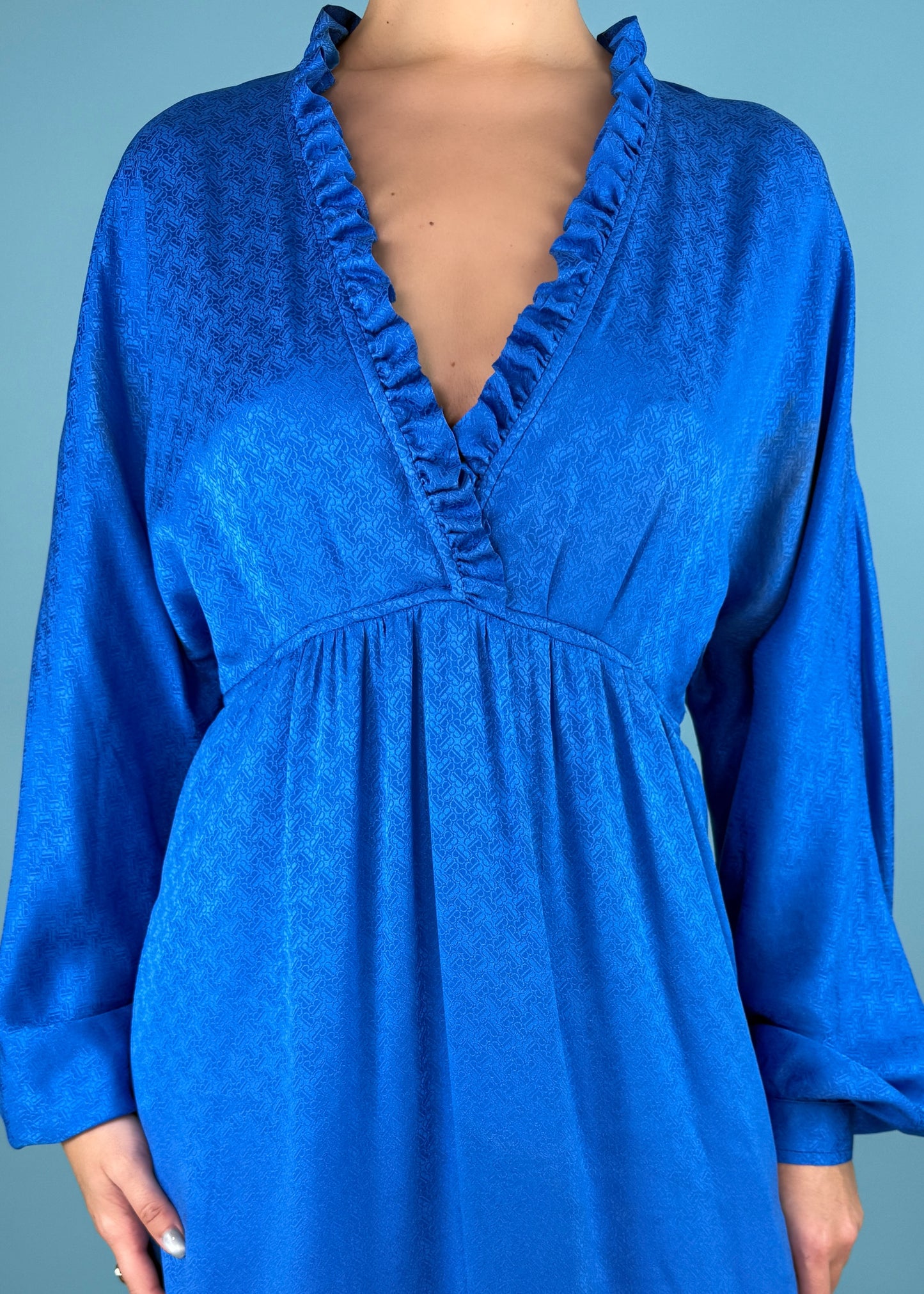 Balenciaga 1980’s Blue Monogram Silk Wide Sleeve Maxi Dress