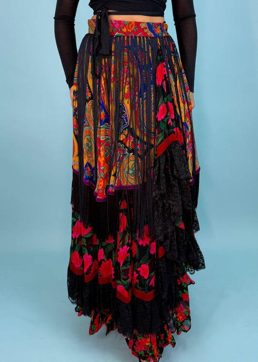 Dolce & Gabbana Fall 1993 Runway Multi Print Tiered Fringed Maxi Skirt