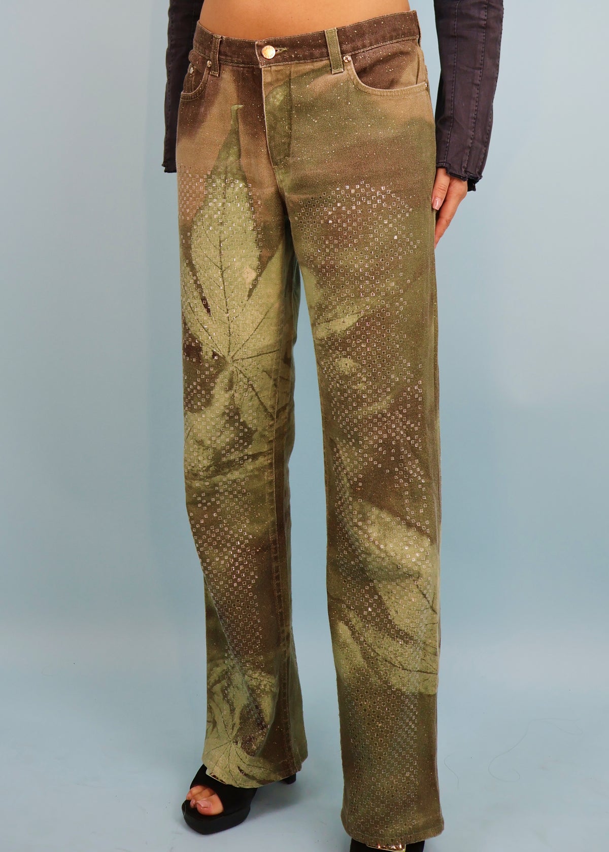 Roberto Cavalli Fall 1999 Green Marijuana Leaf Print Jeans