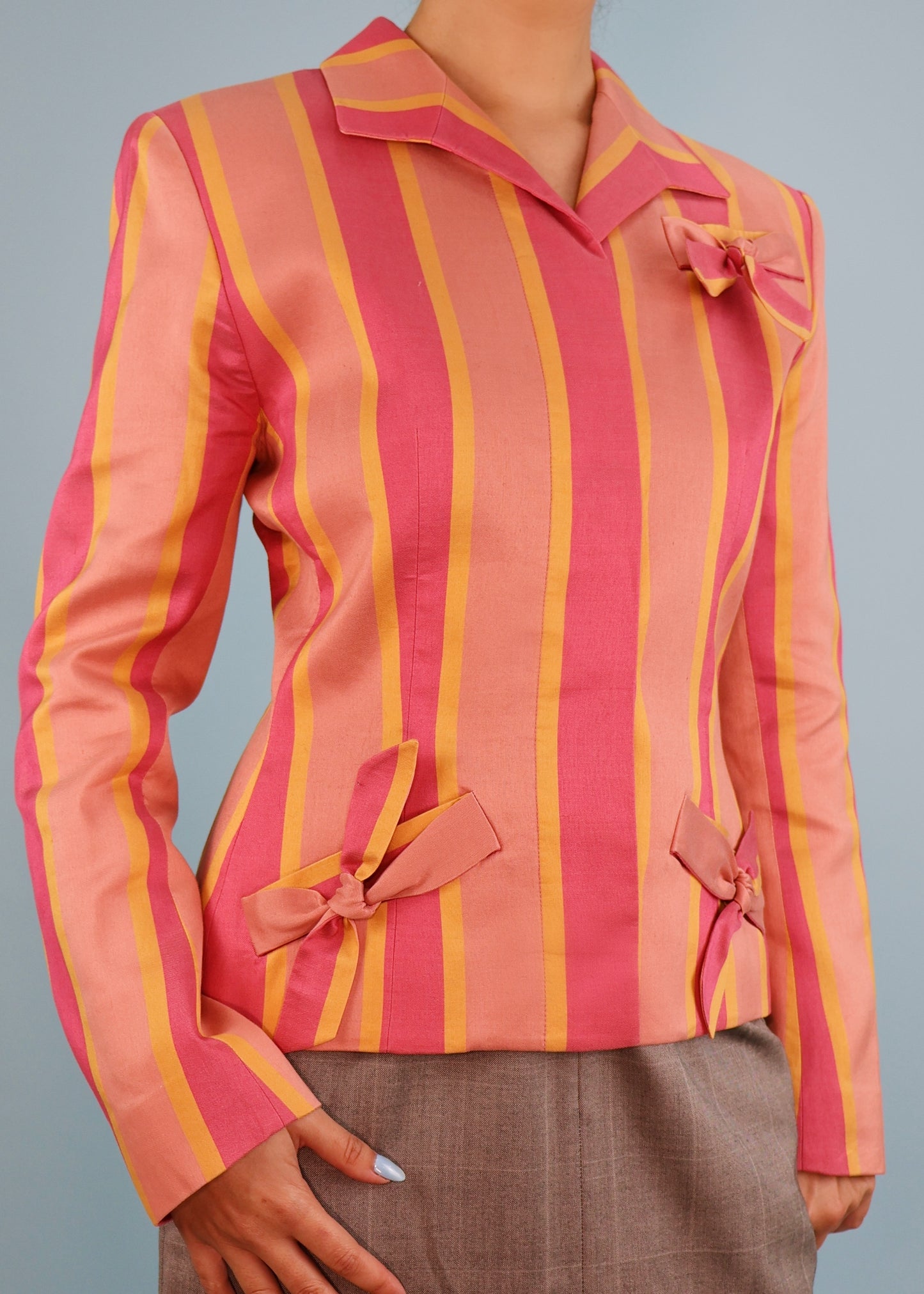 Givenchy Couture by John Galliano Spring 1996 Pink & Orange Stripe Bow Pocket Jacket