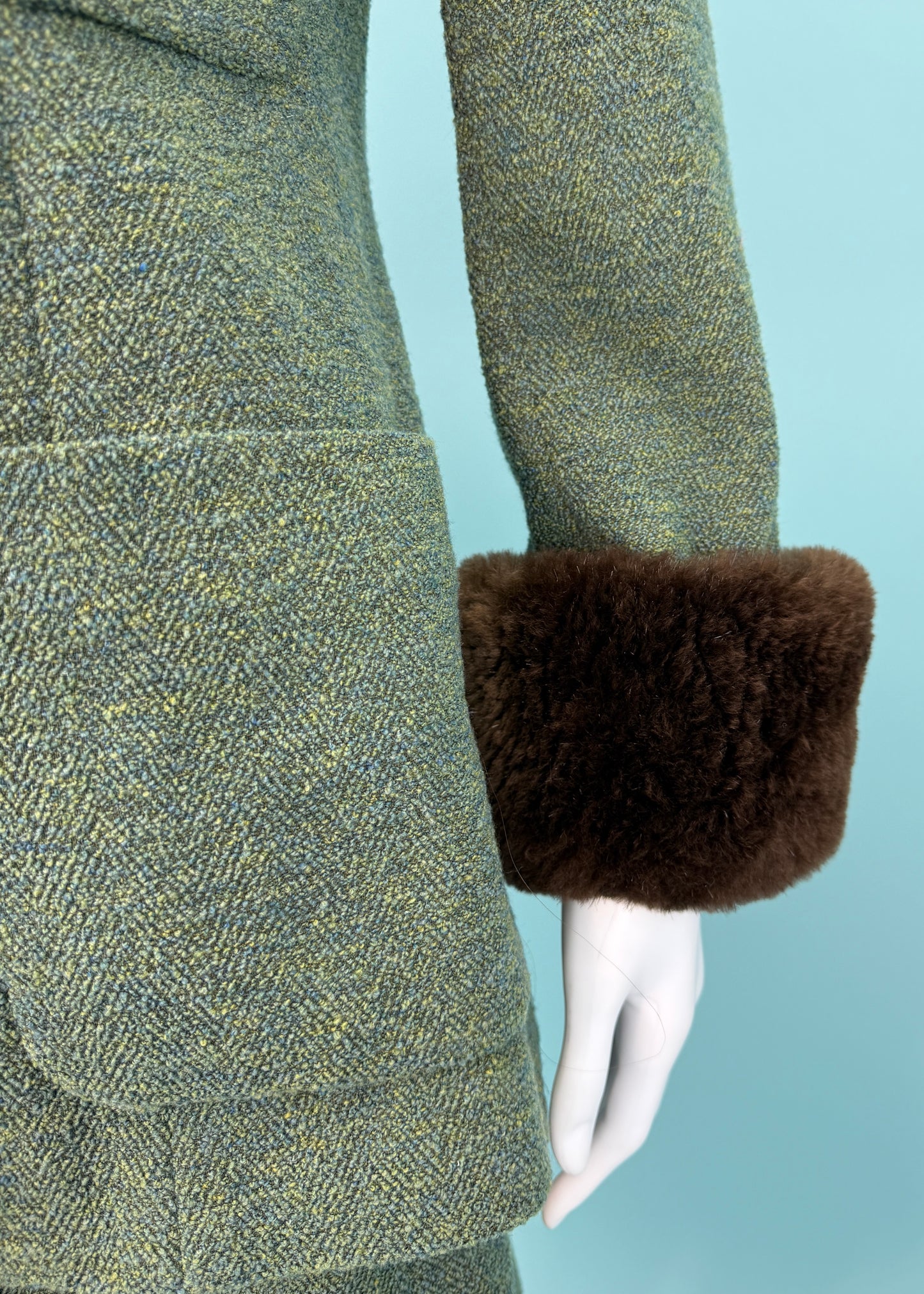 Chanel Fall 1989 Runway Green Boucle Fur Pom Trim Jacket & Skirt Suit Set