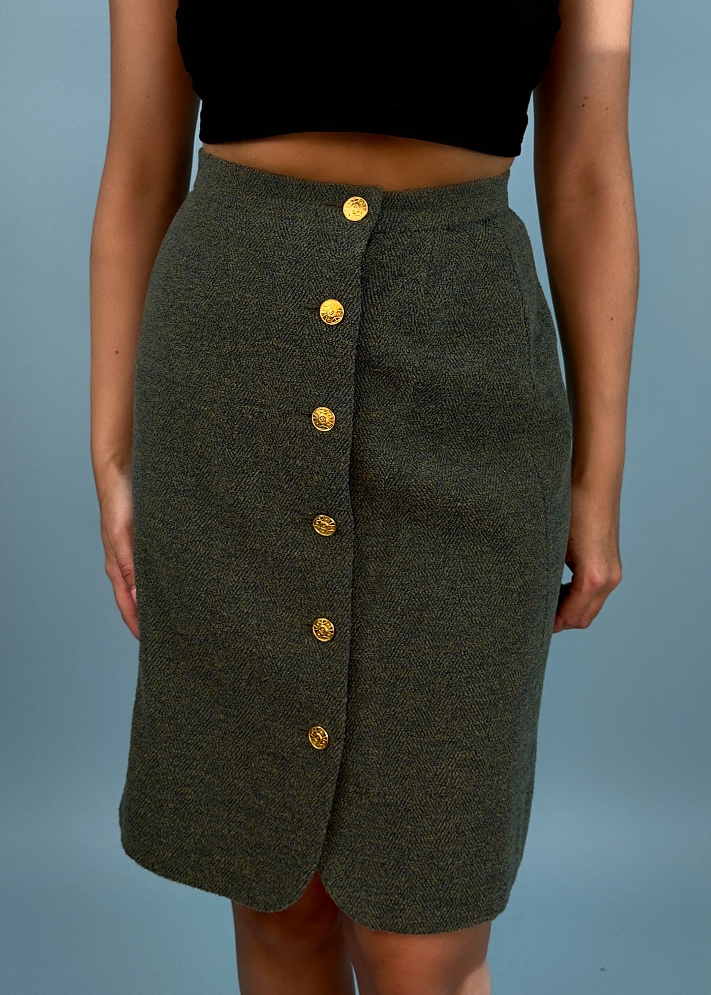 Chanel Fall 1989 Runway Green Boucle Fur Pom Trim Jacket & Skirt Suit Set