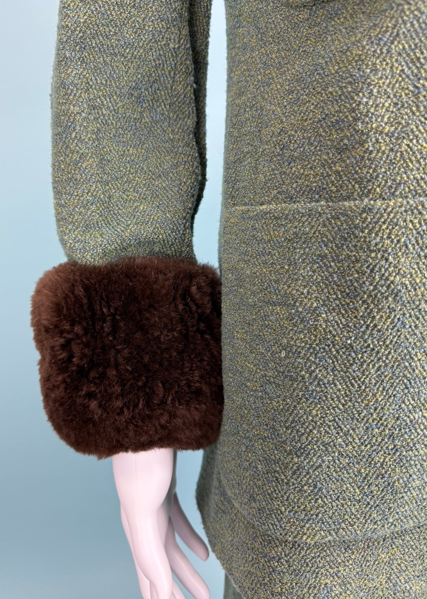 Chanel Fall 1989 Runway Green Boucle Fur Pom Trim Jacket & Skirt Suit Set