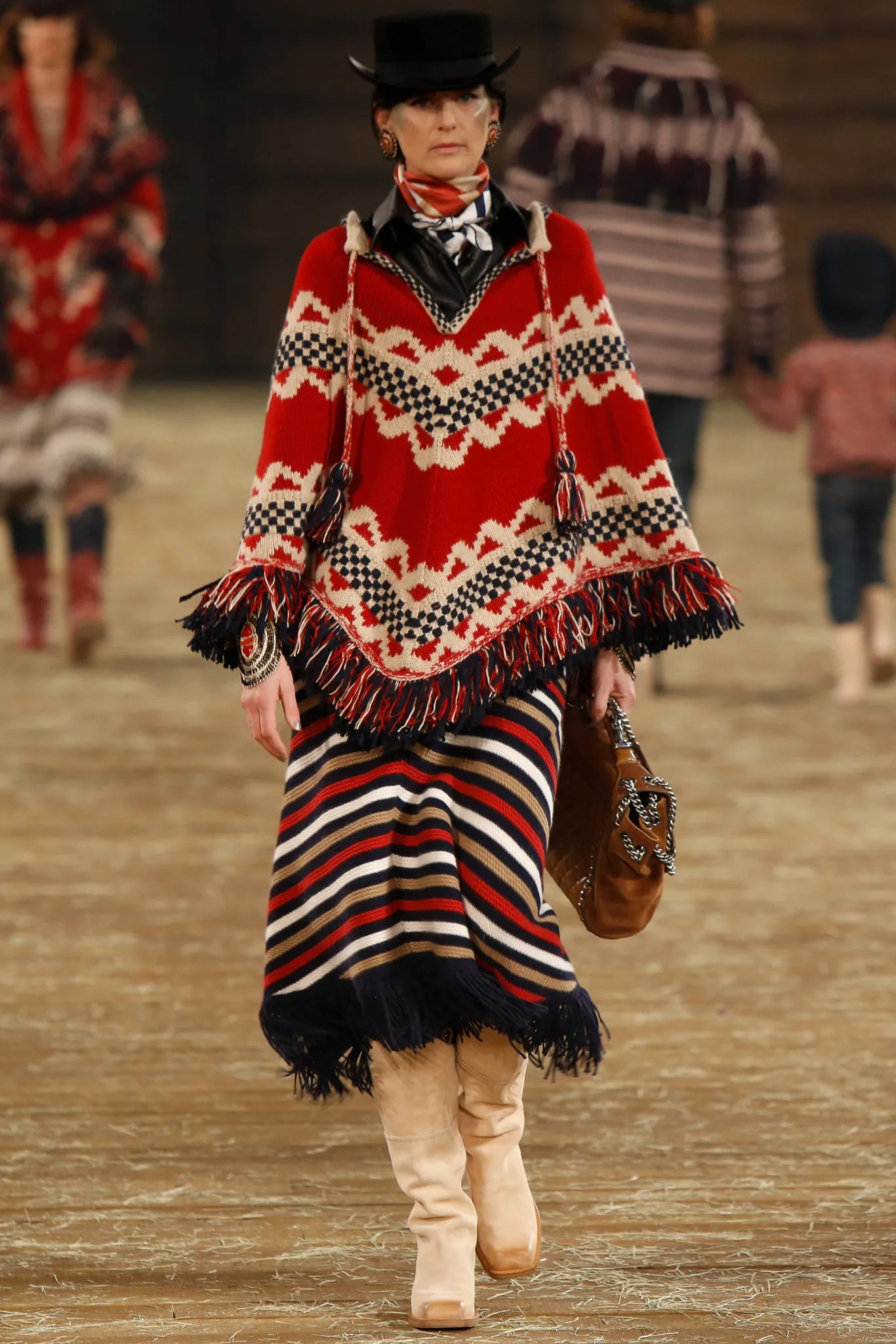 Chanel Pre-Fall 2014 Runway Navy, Red & Tan Stripe Knit Fringed Skirt