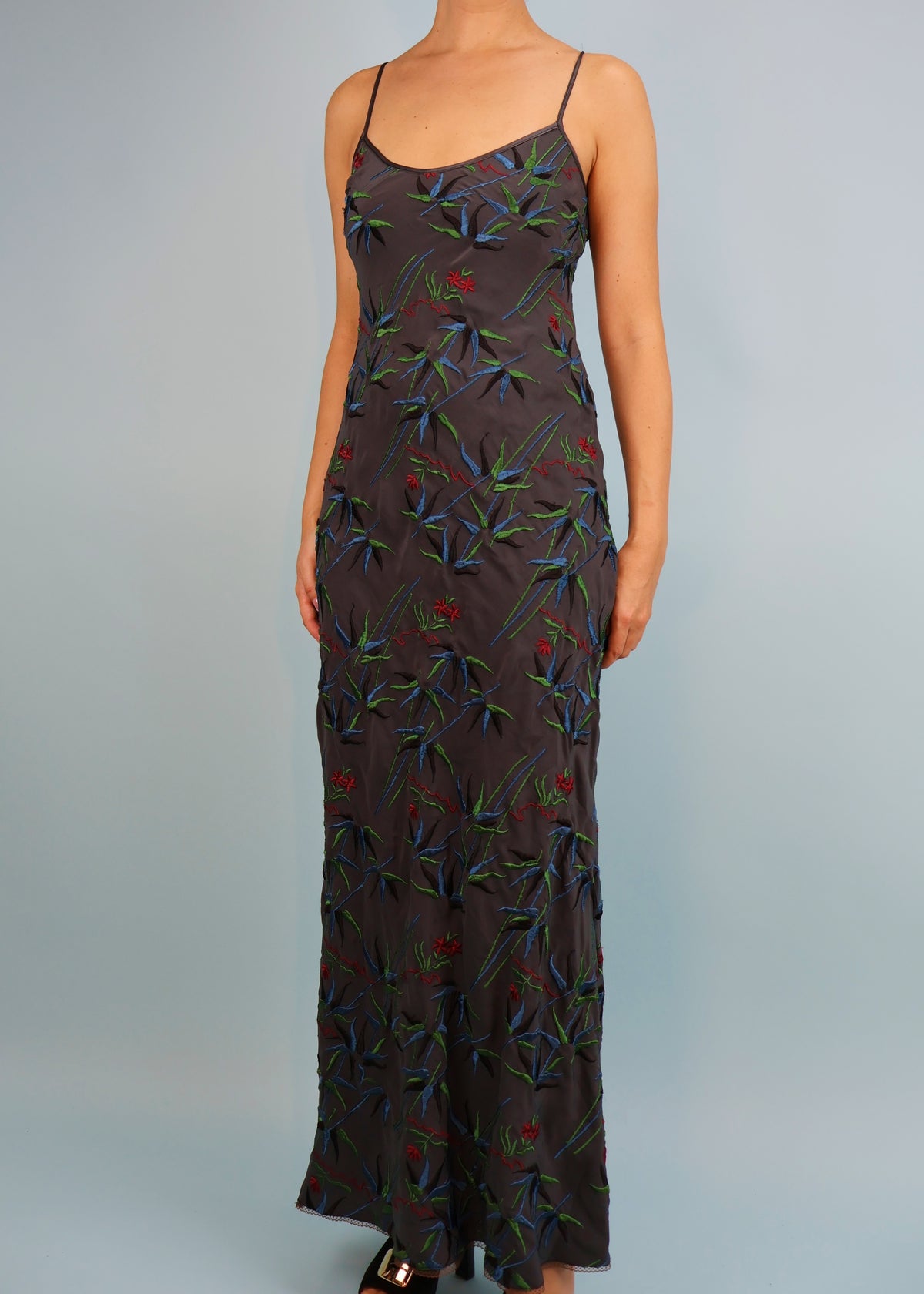 Betsey Johnson Ultra Grey Embroidered Silk Maxi Dress