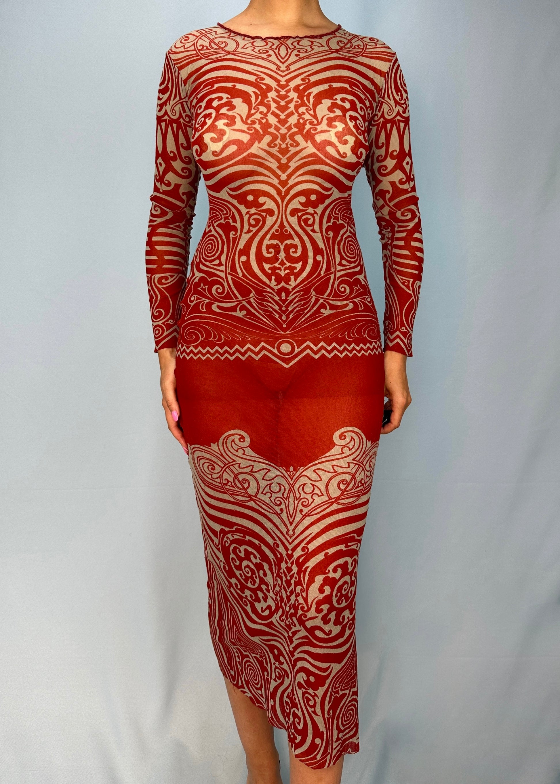 fitted lace wedding dress Jean Paul Gaultier Spring 1996 Tribal Print Red Mesh Dress fitted lace wedding dress Jean Paul Gaultier Spring 1996 Tribal Print Red Mesh Dress