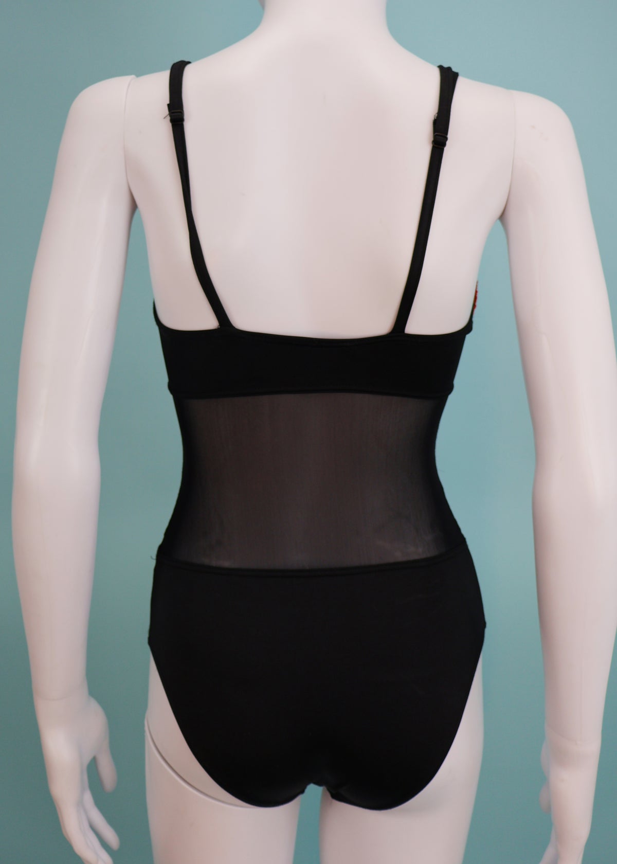 Blumarine Spring 1991 Runway Red & Gold Embellished Black Mesh Cutout Swimsuit