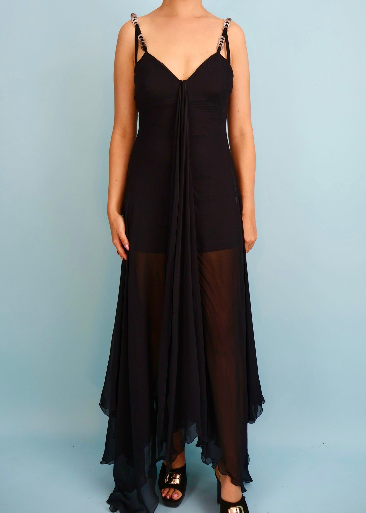 Versace Spring 1995 Runway Black Draped Chiffon Gown