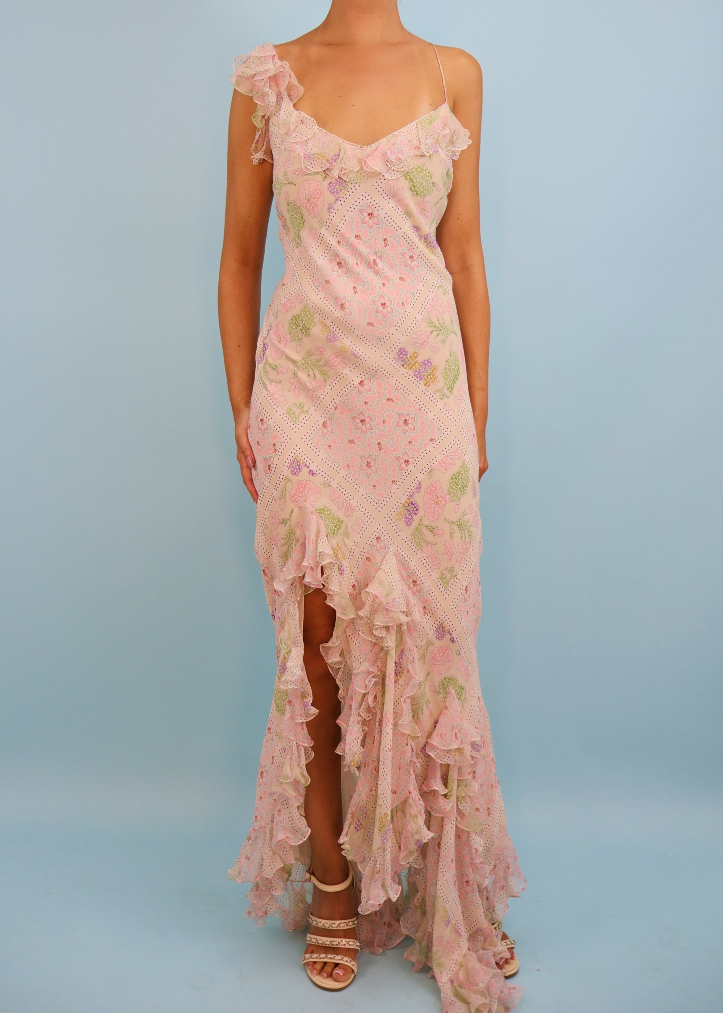 John Galliano Fall 2004 Cream & Pink Floral Bias Cut Silk Chiffon Ruffle Gown