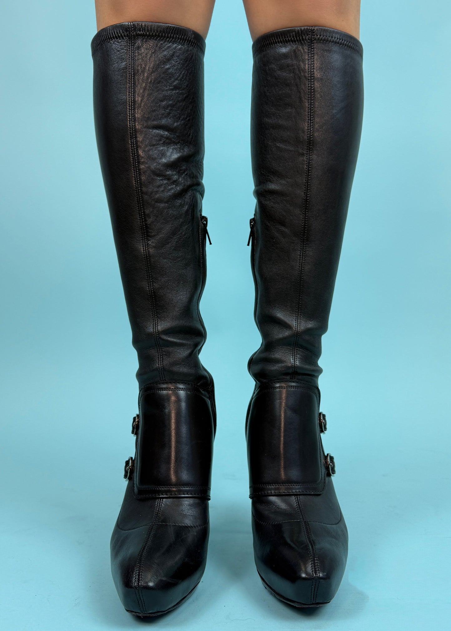 Celine Black Leather Buckle Heeled Boots