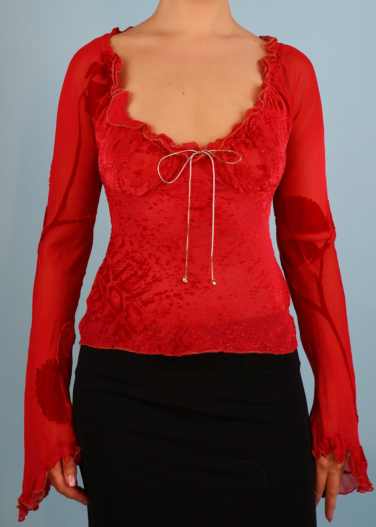 Roberto Cavalli Fall 1999 Runway Red Silk Devoré Velvet Flared Sleeve Top