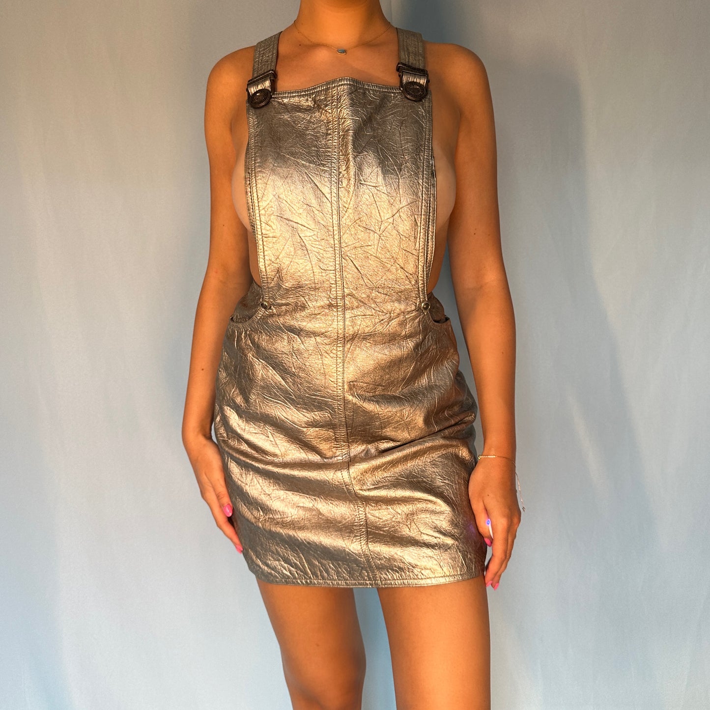Versace Fall 1994 Silver Metallic Leather Overall Dress