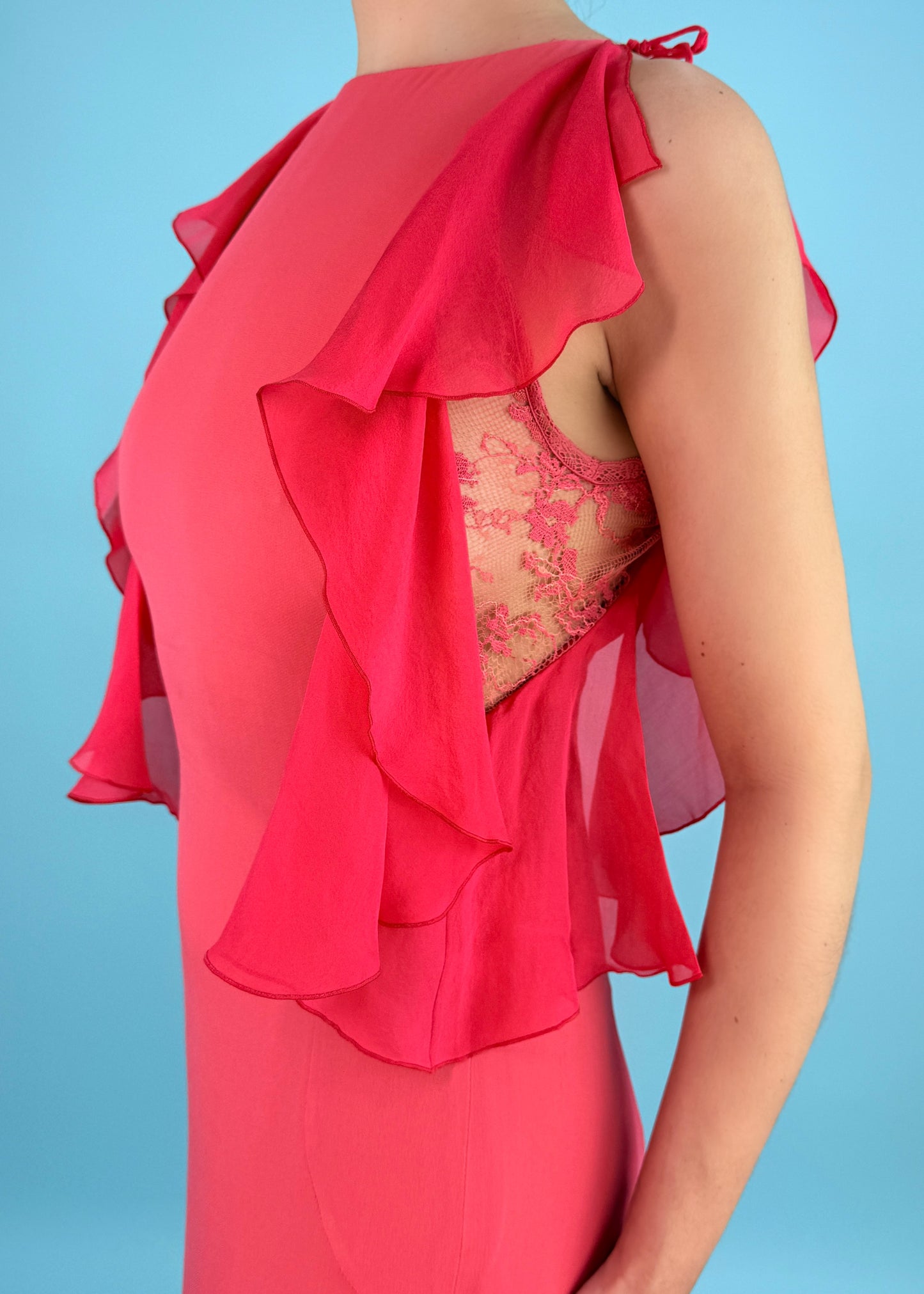 Valentino Coral Lace Sides Silk Chiffon Gown