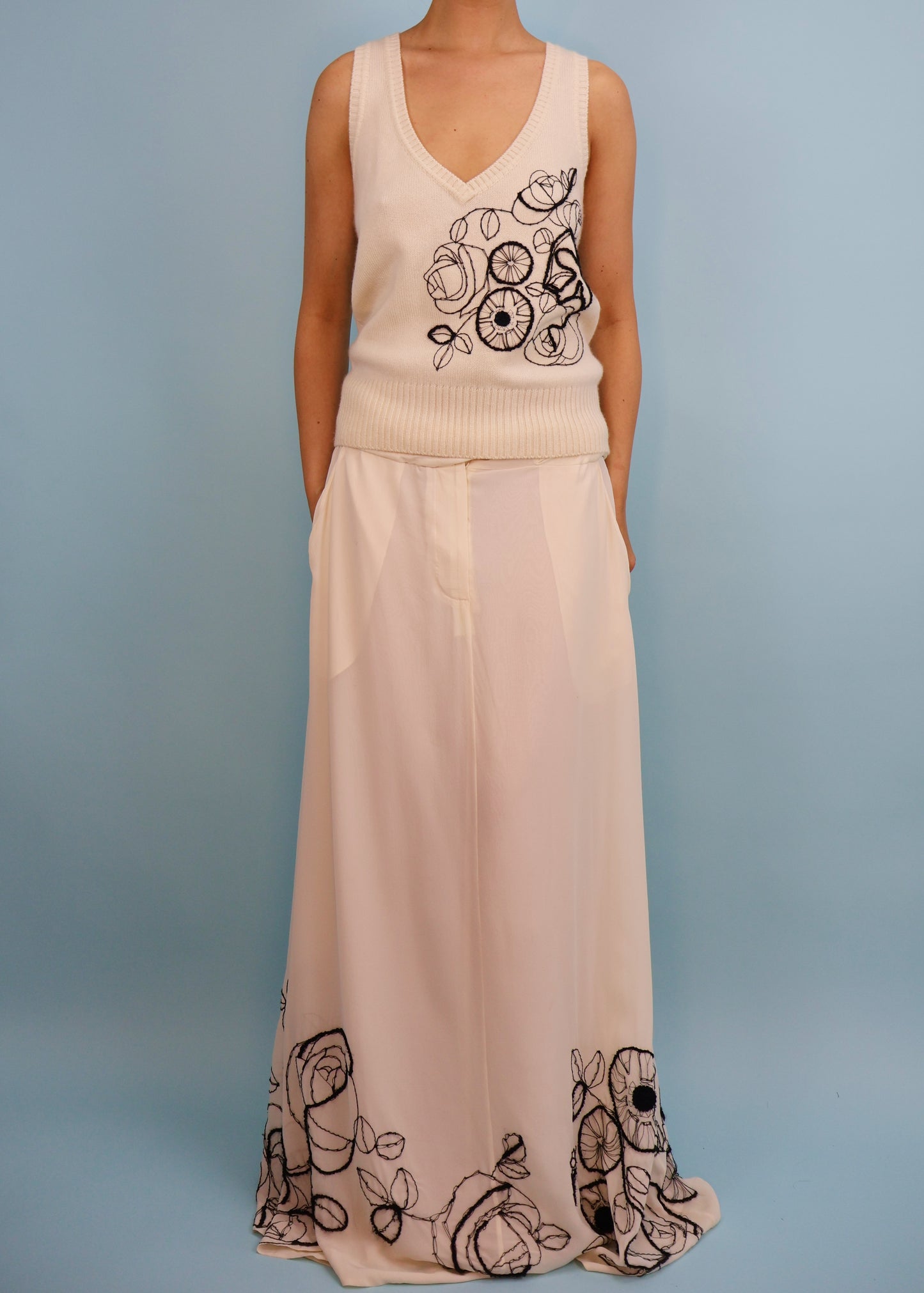 John Galliano Fall 2005 Floral Embroidered Cashmere Tank Top & Silk Maxi Skirt Set