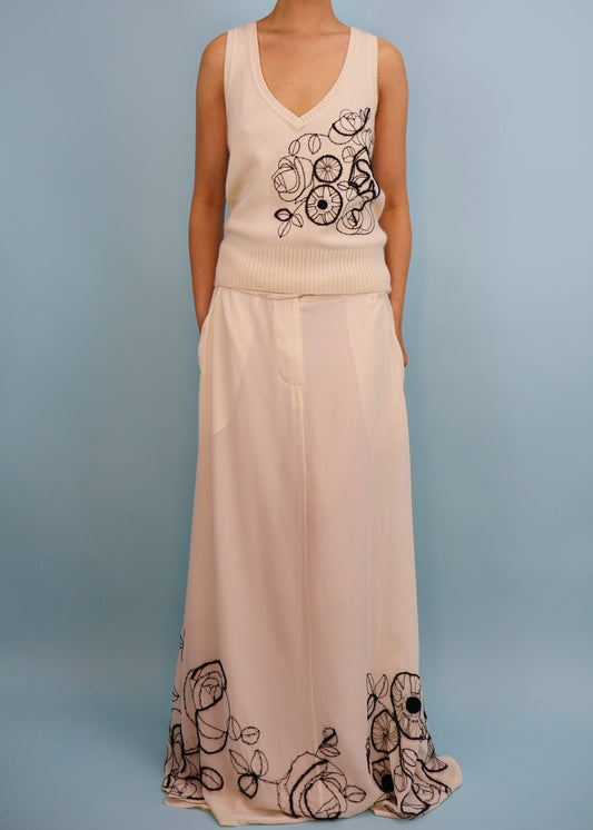 John Galliano Fall 2005 Floral Embroidered Cashmere Tank Top & Silk Maxi Skirt Set
