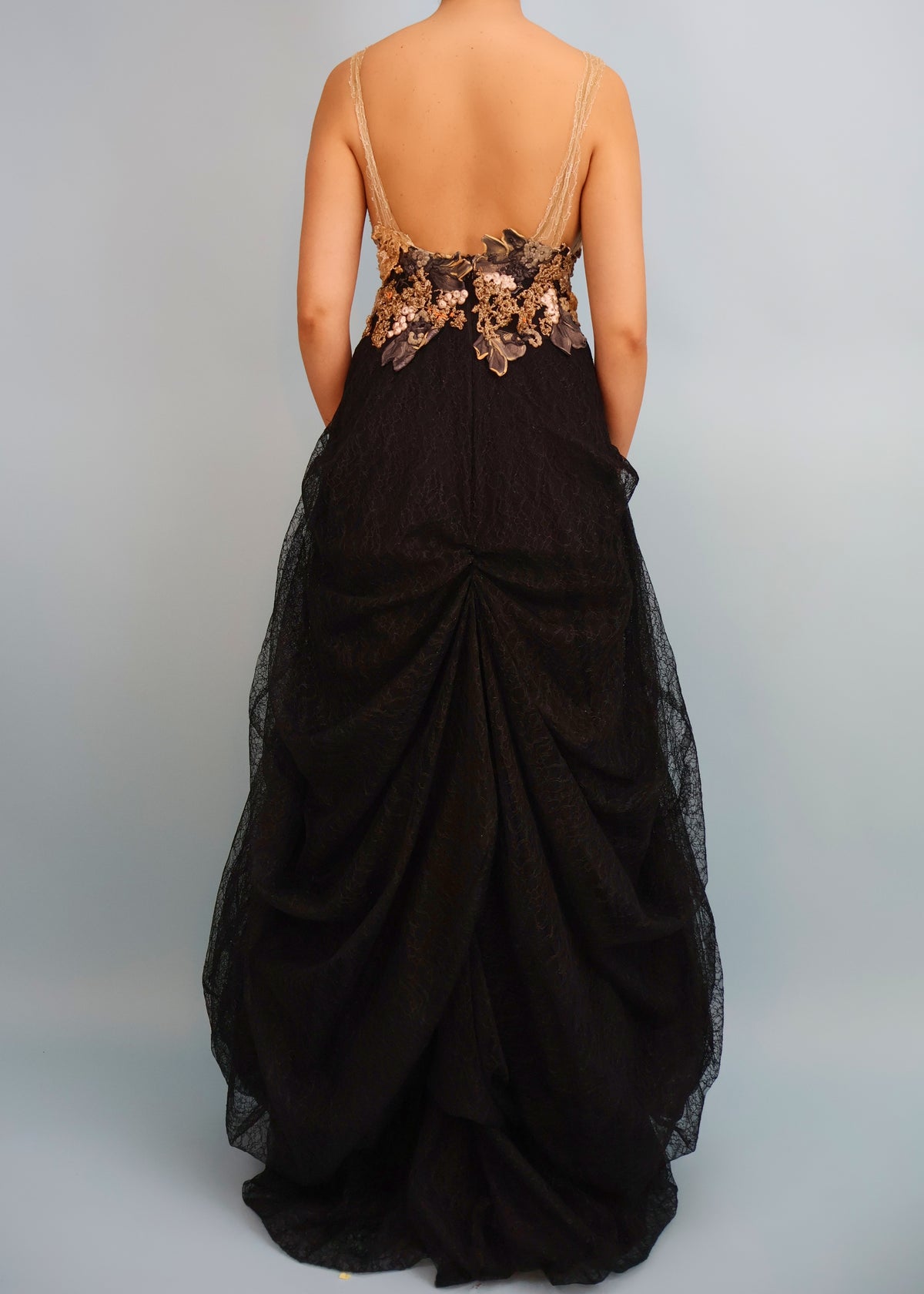 Ema Savahl Couture Hand Painted Floral & Black Lace Gown