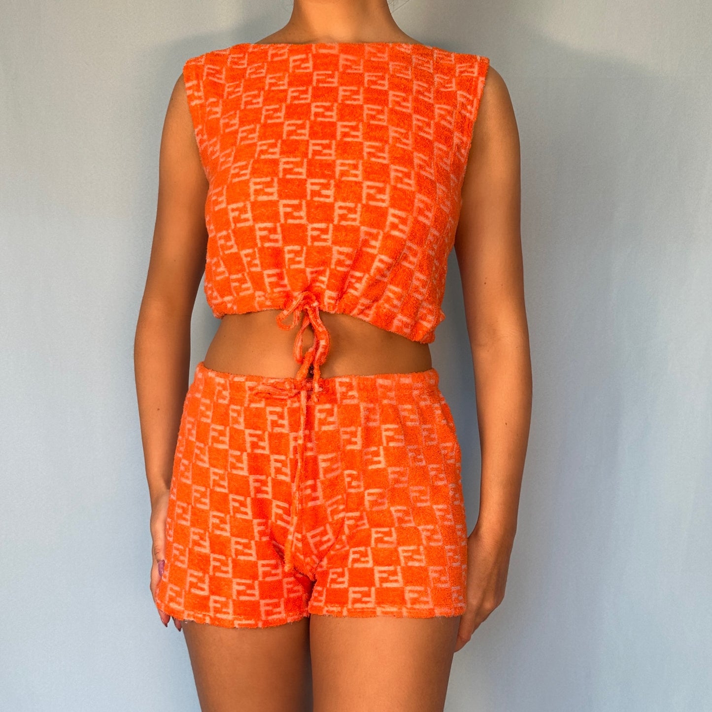 Fendi Orange Zucca Monogram Terry Towelling Shorts & Top Set
