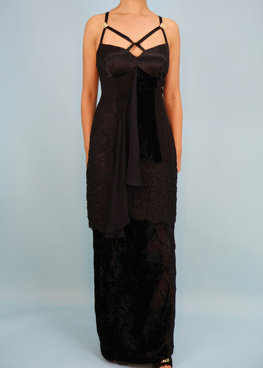 Christian Lacroix Fall 1994 Black Lace & Velvet Embellished Crossover Strap Gown