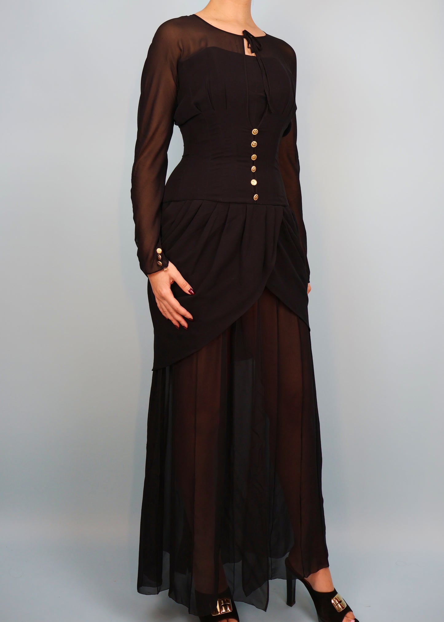 Chanel Fall 1989 Runway Black Silk Chiffon Corseted Draped Gown