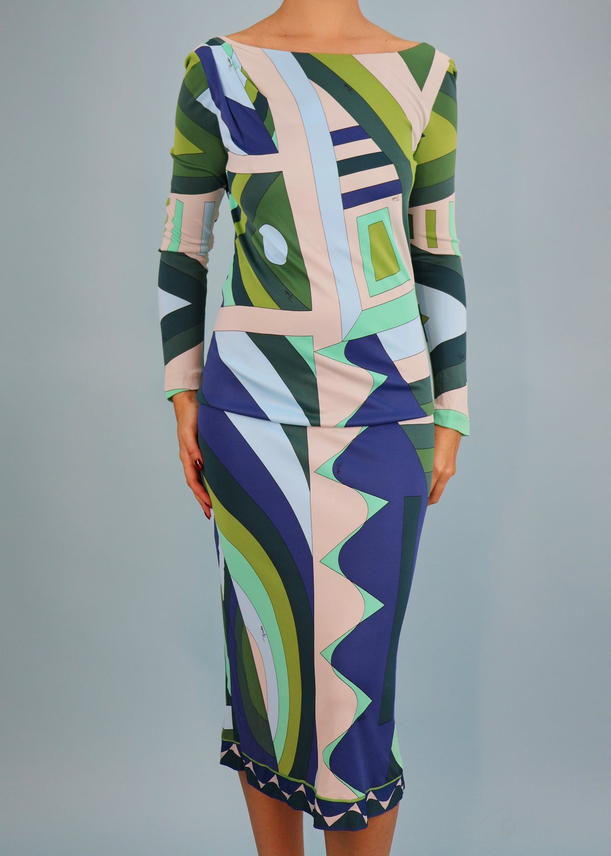 Emilio Pucci Resort 2017 Blue Patterned Low Back Midi Dress